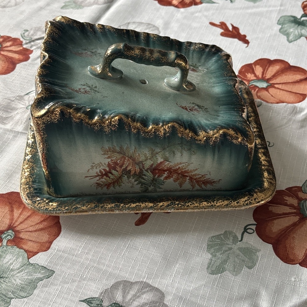 Victorian Delft turquoise slip glaze gilded edges Cheese Dish c1900s England